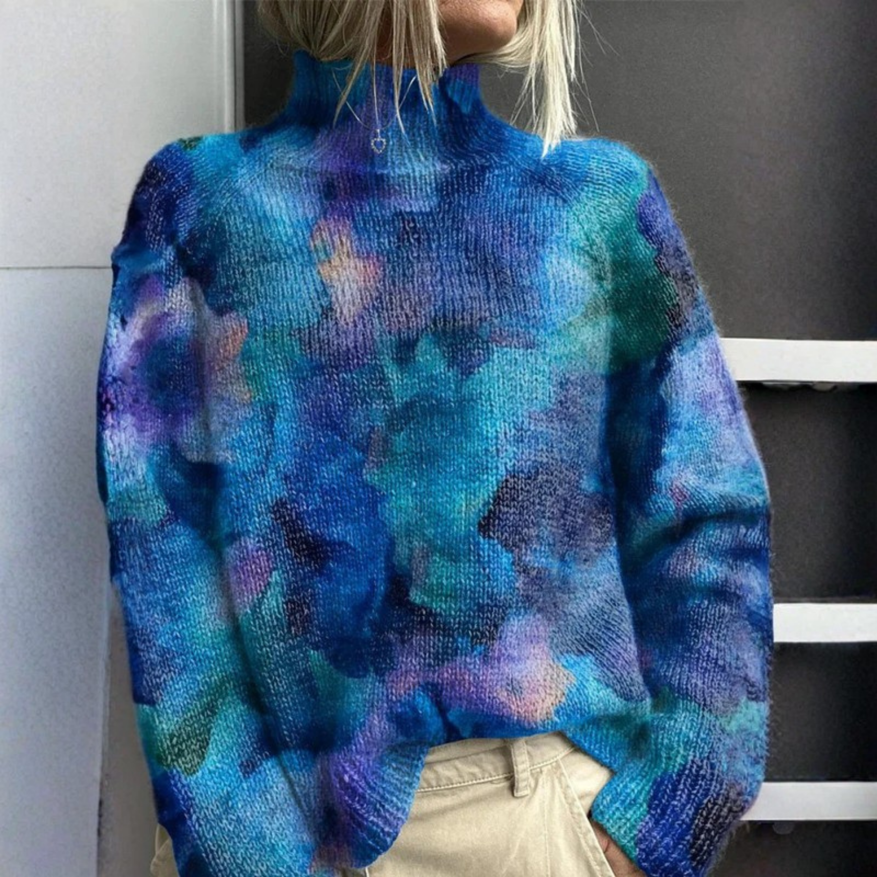 Yvonne | Abstract water floral print turtleneck sweater