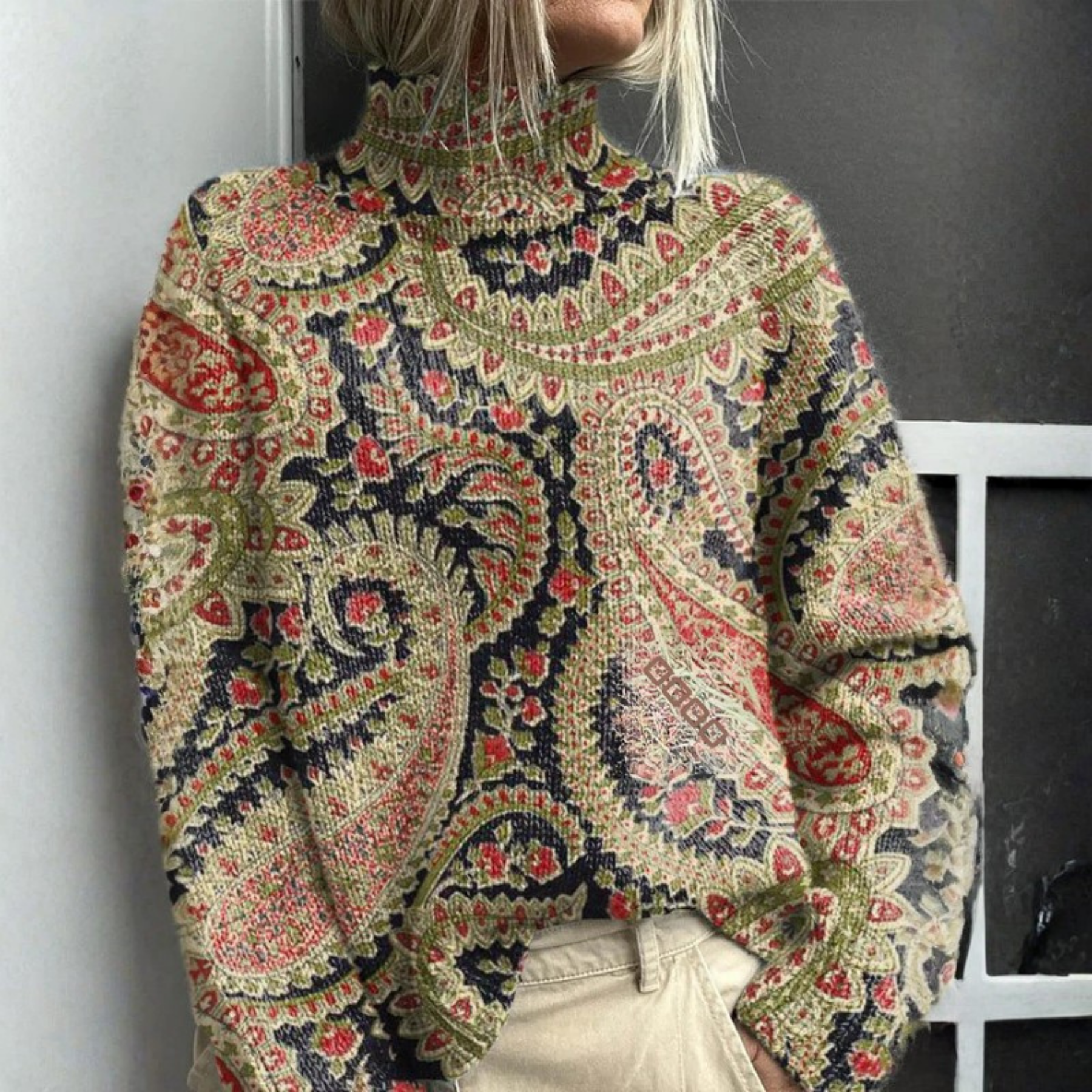 Jeannine | Vintage floral knit turtleneck sweater